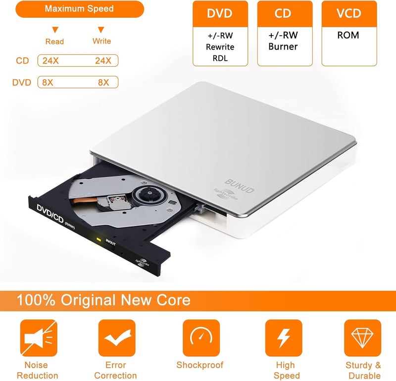BVNUD محرك أقراص CD DVD خارجي LightScribe CD/DVD +/-RW حارق مشغل كاتب قارئ قرص بصري محرك CD DVD محمول للابتوب ماك ماك بوك PC ويندوز 11 10 لينكس نظام التشغيل - Image 3